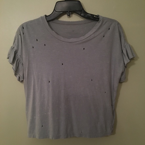 American Eagle Outfitters Tops - American Eagle Distressed Grey T-shirt with Ruffled Sleeves, Size Extra Small